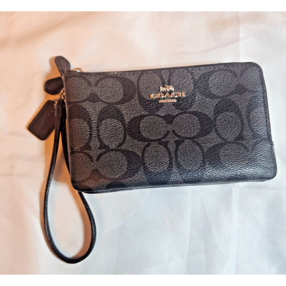 Coach Signature Black Gray Double Zip Wristlet Wallet Silver Hardware